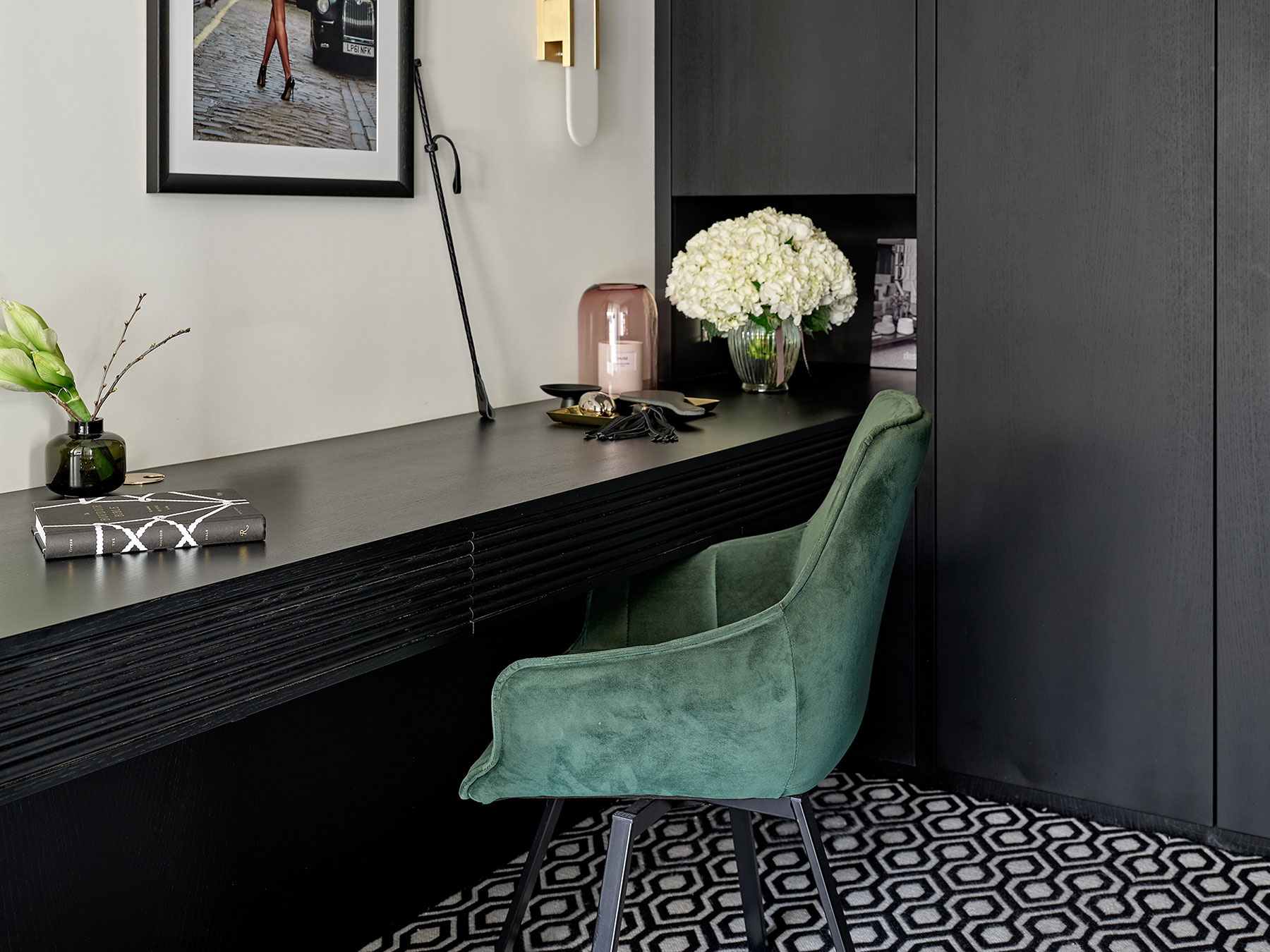 Overview of contemporary Black Ash home office for an apartment in North West London.