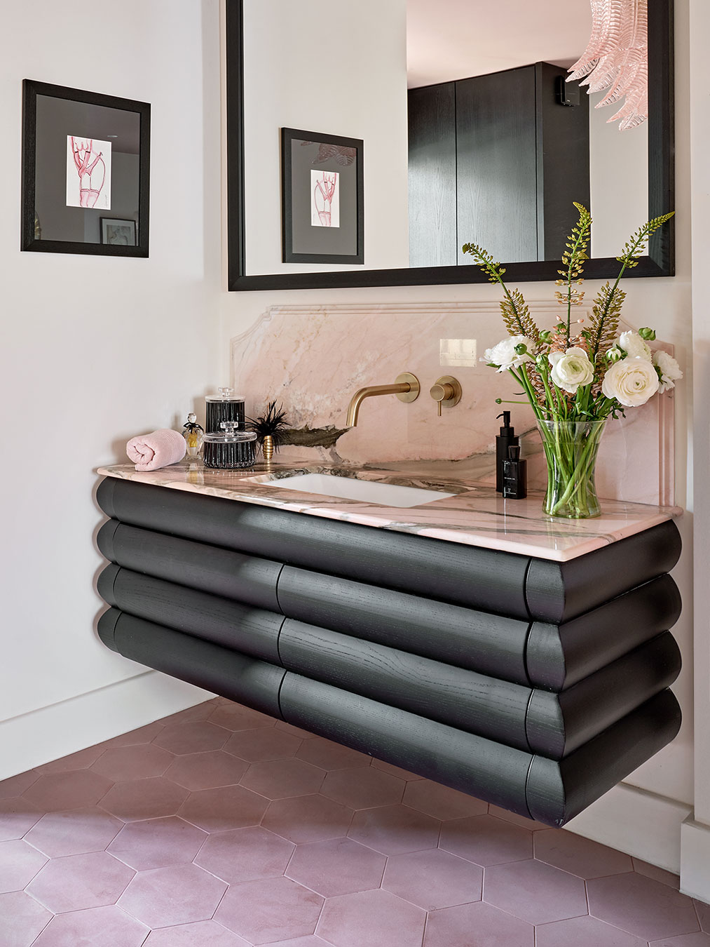 Counter hung vanity unit with marble top offering stunning design balanced with practical living
