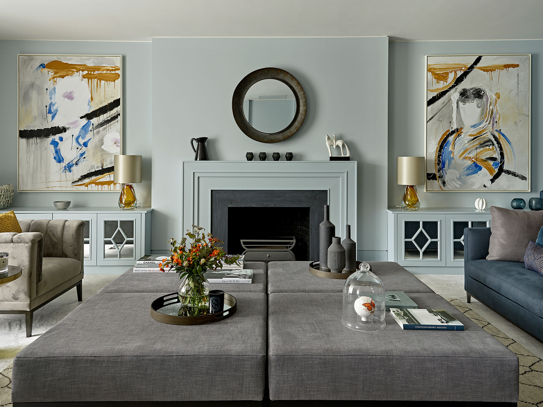 Twin low level fireside niche cabinets were commissioned as part of the renovation of a contemporary build family home in Esher